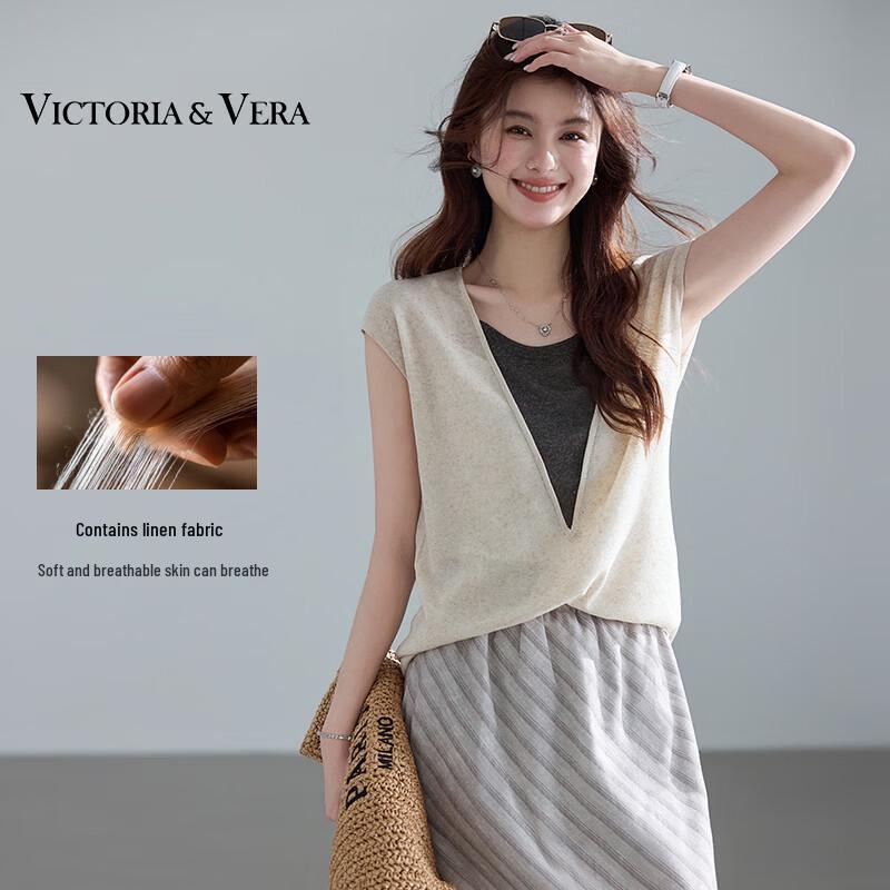 VICTORIA&VERA Faux Two-Piece Linen Blend Deep V-Neck Knit Top XL
