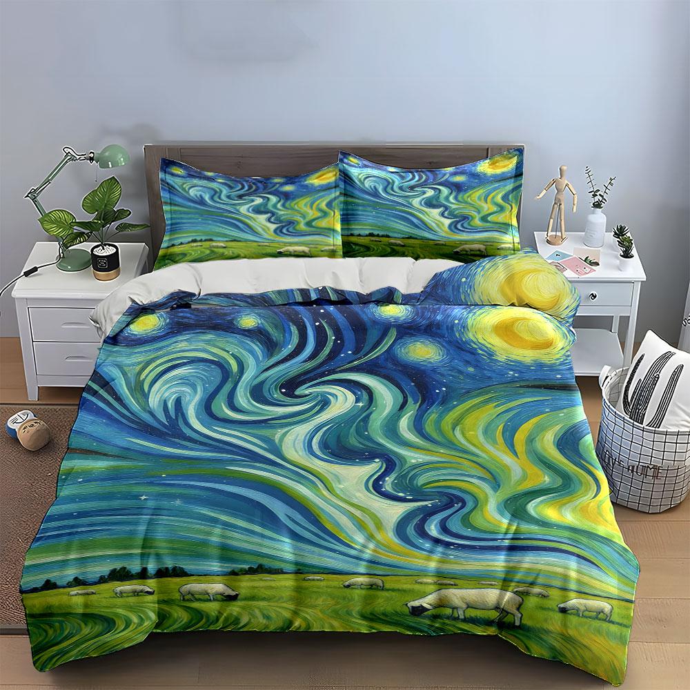 Swirling Sky, Grazing Sheep. Bedding Sets Duvet Cover Sets Duvet Covers Pillowcases(1 * Duvet Cover 2 * Pillowcases, Without Duvet Insert)