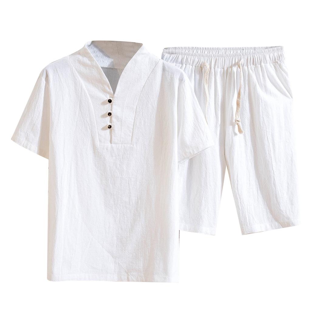 Men's Summer Solid Color Cotton Linen Two-piece Thin Short-sleeved T-shirt + Shorts Suit