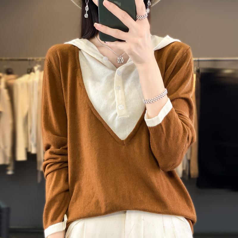 Women's Comfortable Sweater with Hooded Two New Knitted Sweater Fake Outer Wear Early Autumn Loose Pullover Hooded Color Matching