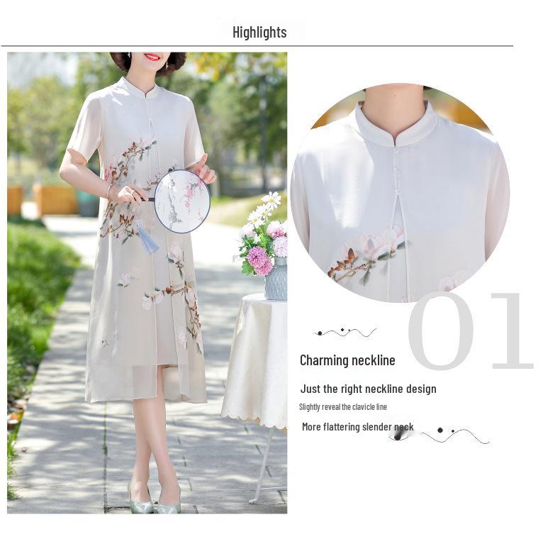 Chinesischer Stil Chiffon Qipao Kleid: Sommer-Zweiteiler-Look für Frauen mittleren Alters & ältere Frauen