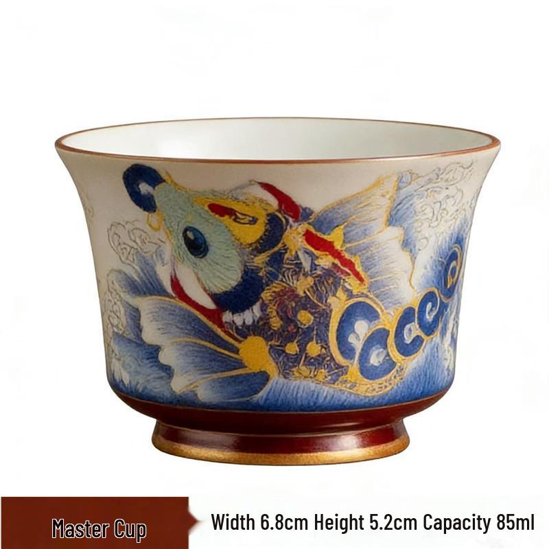Blue and White Porcelain Lotus Kung Fu Tea Set: Enamel Teacup, Hovering Lid, Teapot, Saucer, and Master Cup.