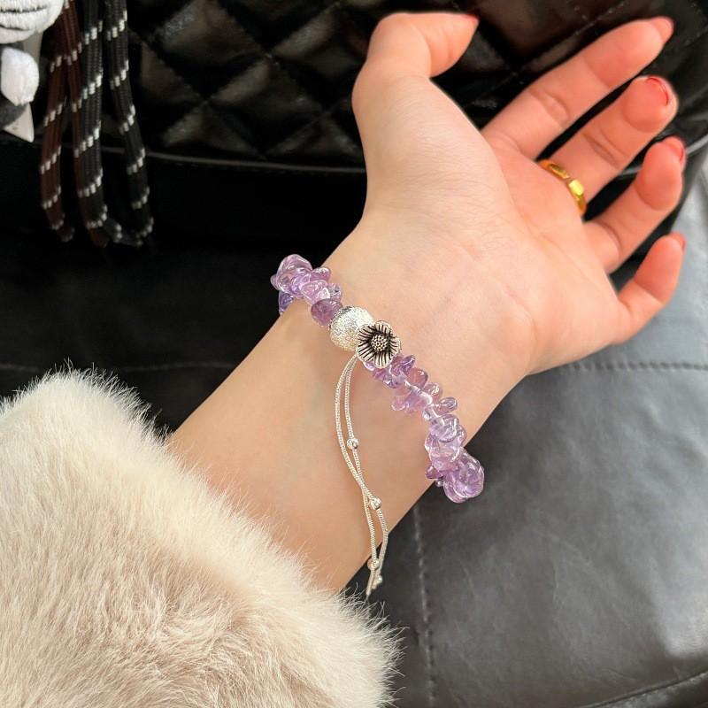 Handmade Purple Amethyst Chip Beaded Bracelet Women Romantic Minimalist Floral Design Gift