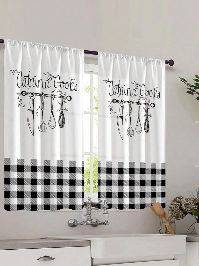 2 Pcs Window curtain,Modern Fresh Checkered Sunflower Printed Home Decoration Kitchen Bedroom Window Curtains With Rod Pocket