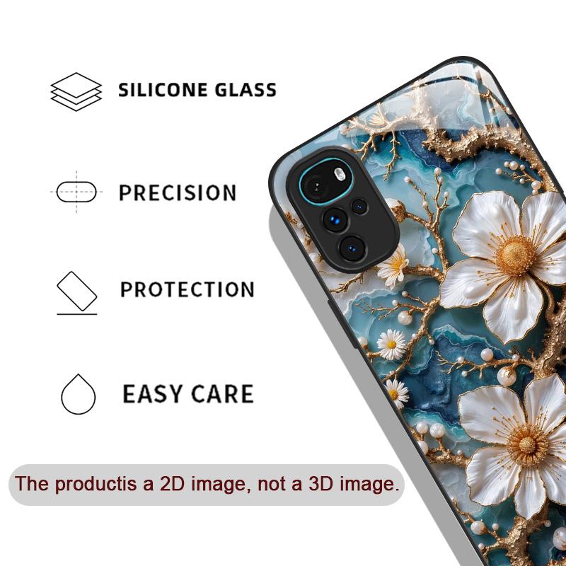 White Camellia Flower Marble Texture Tempered Glass Phone Case for Motorola Moto G85 G84 G75 Edge 50 Fusion 40 Neo 30 Pro Cover