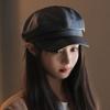 Vintage PU leather Women Beret Hat Solid Color Octagonal Newsboy Cap Outdoor Ladies Girl French Artist Caps
