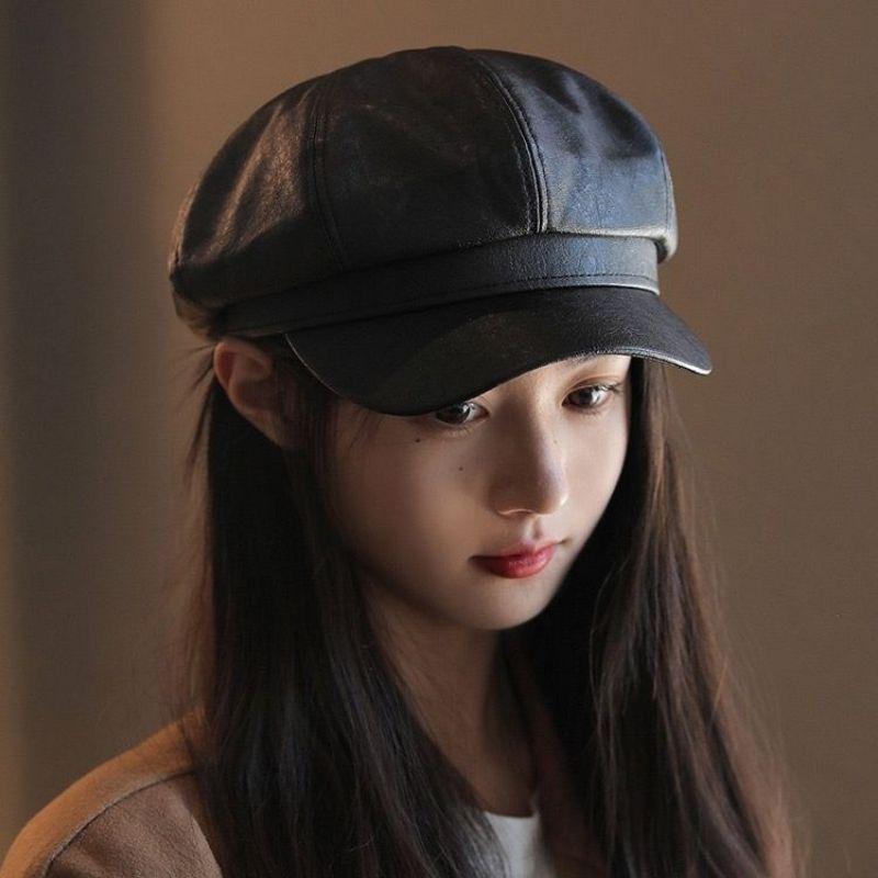 Vintage PU leather Women Beret Hat Solid Color Octagonal Newsboy Cap Outdoor Ladies Girl French Artist Caps