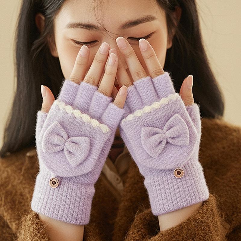 Winter Thermal Gloves Women's Flip Bow Knitted Gloves Women's Adult Gloves Fleece Finger Gloves Men