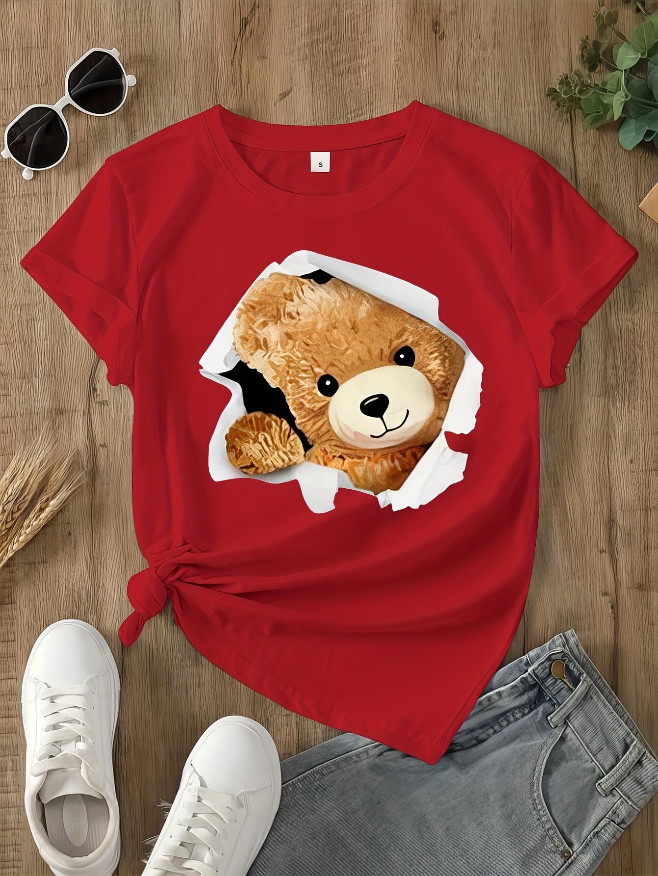 

Bear Print Crew Neck TShirt Casual Sleeve Top for Spring Summer Womens Clothing Harajuku Sleeve Casual Harajuku Streetwear 4XL