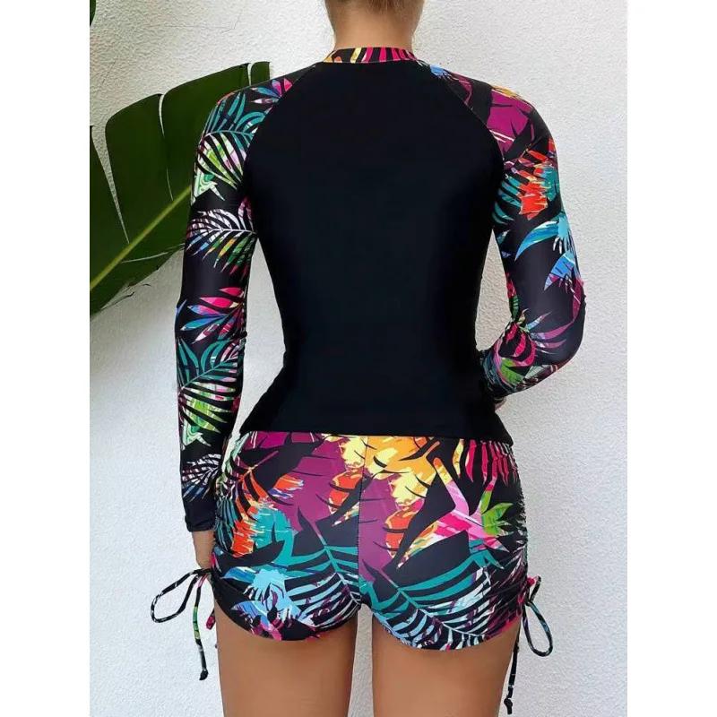 New 2025 Ladies Long Sleeve Printed Bikini Set Separate Tankini Swimsuit Women Fashionable Patchwork Design Swimming Costume