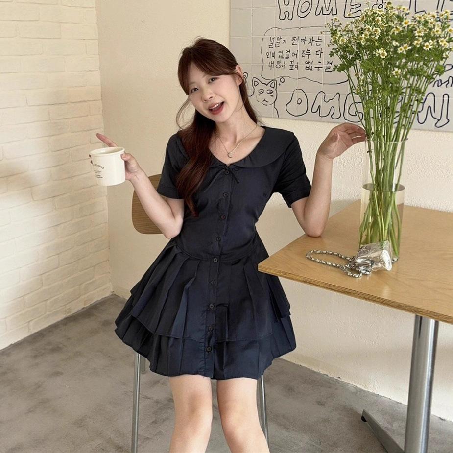 Korean Collegiate Style Doll Collar Shirt Dress, Summer High-end Sweet, First Love Waist-cinching Slimming Pleated Short Skirt