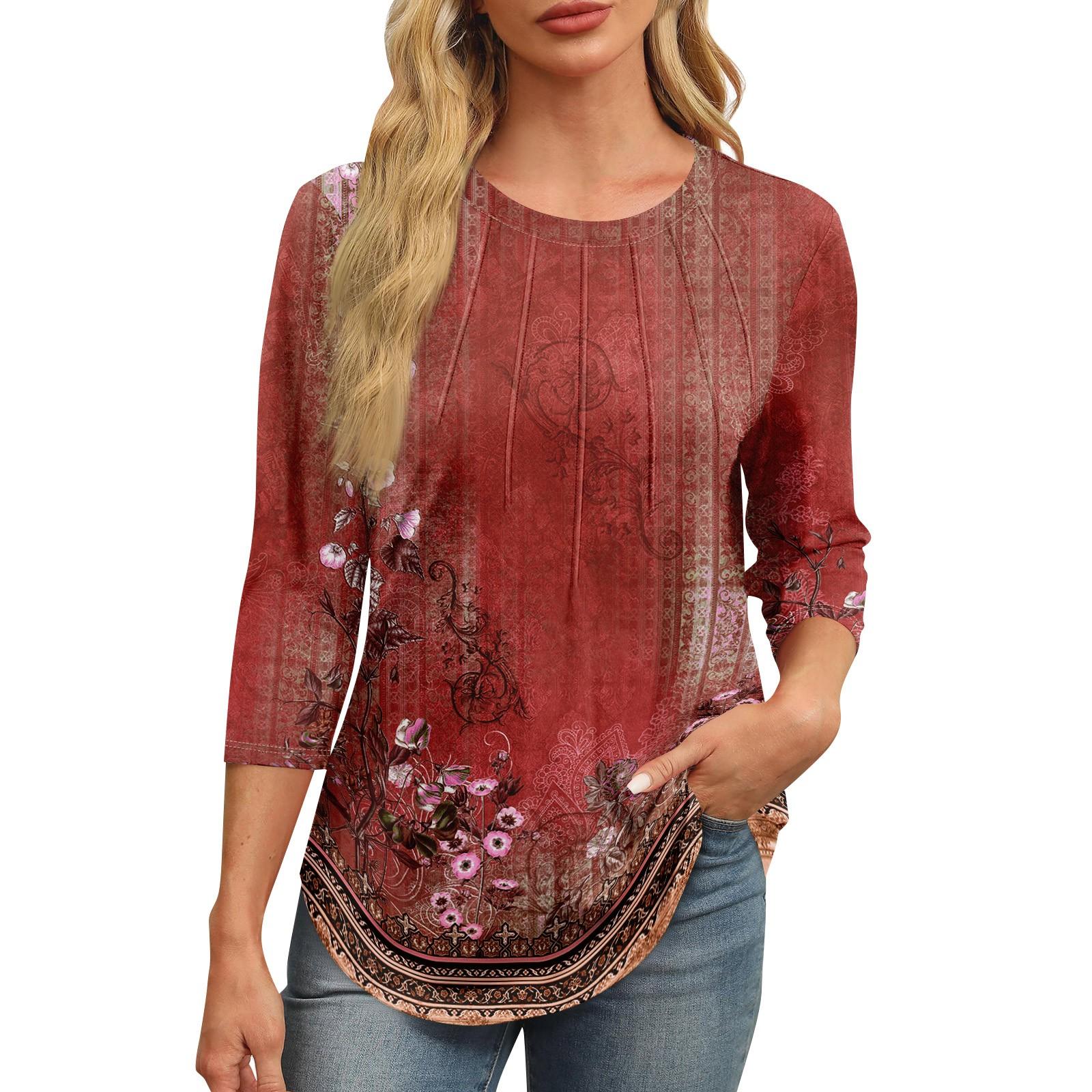 

Женская модная футболка с круглым вырезом и рукавом 3/4 с принтом, повседневная, базовая, плиссированная, пуловер M винный