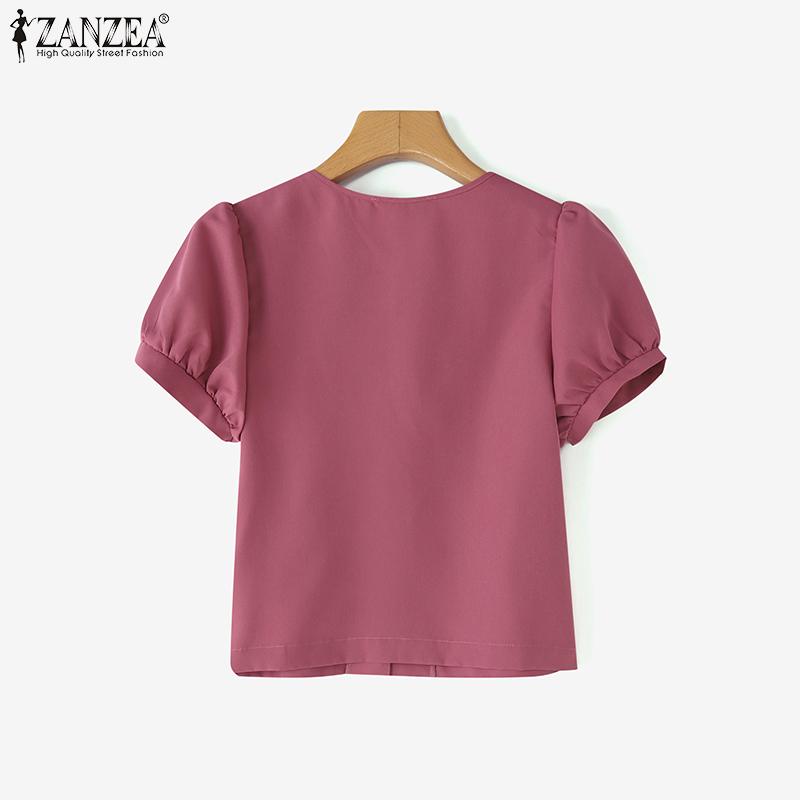 ZANZEA Women Casual Round Neck Solid Color Short Sleeve Blouse