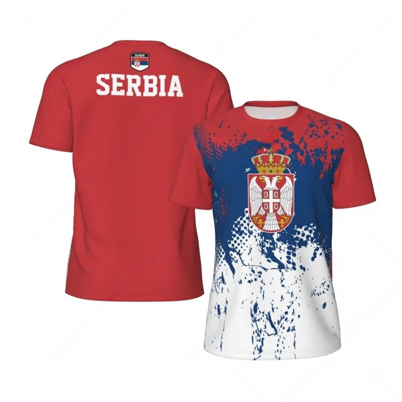 Modische Fußball-T-Shirts mit Serbien-Flaggen-Grafik für Herren, Sommer-Sport, 3D-Nationalwappen-Aufdruck, lockere, atmungsaktive T-Shirts