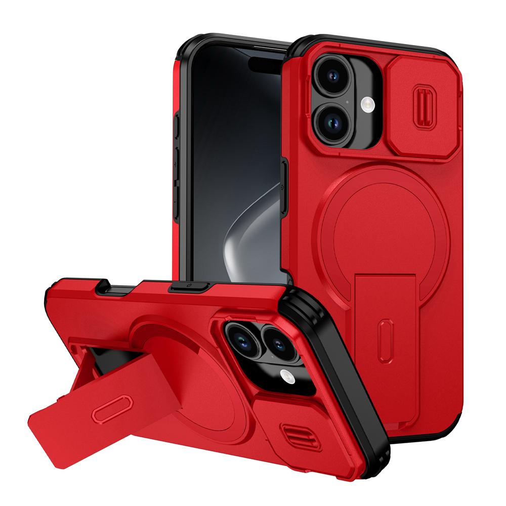 

KEYSION Противоударный бронированный магнитный чехол для iPhone 17 16 Plus со сдвижной защитой камеры, подставкой и беспроводной зарядкой, задняя крышка для телефона for iPhone 17 красный