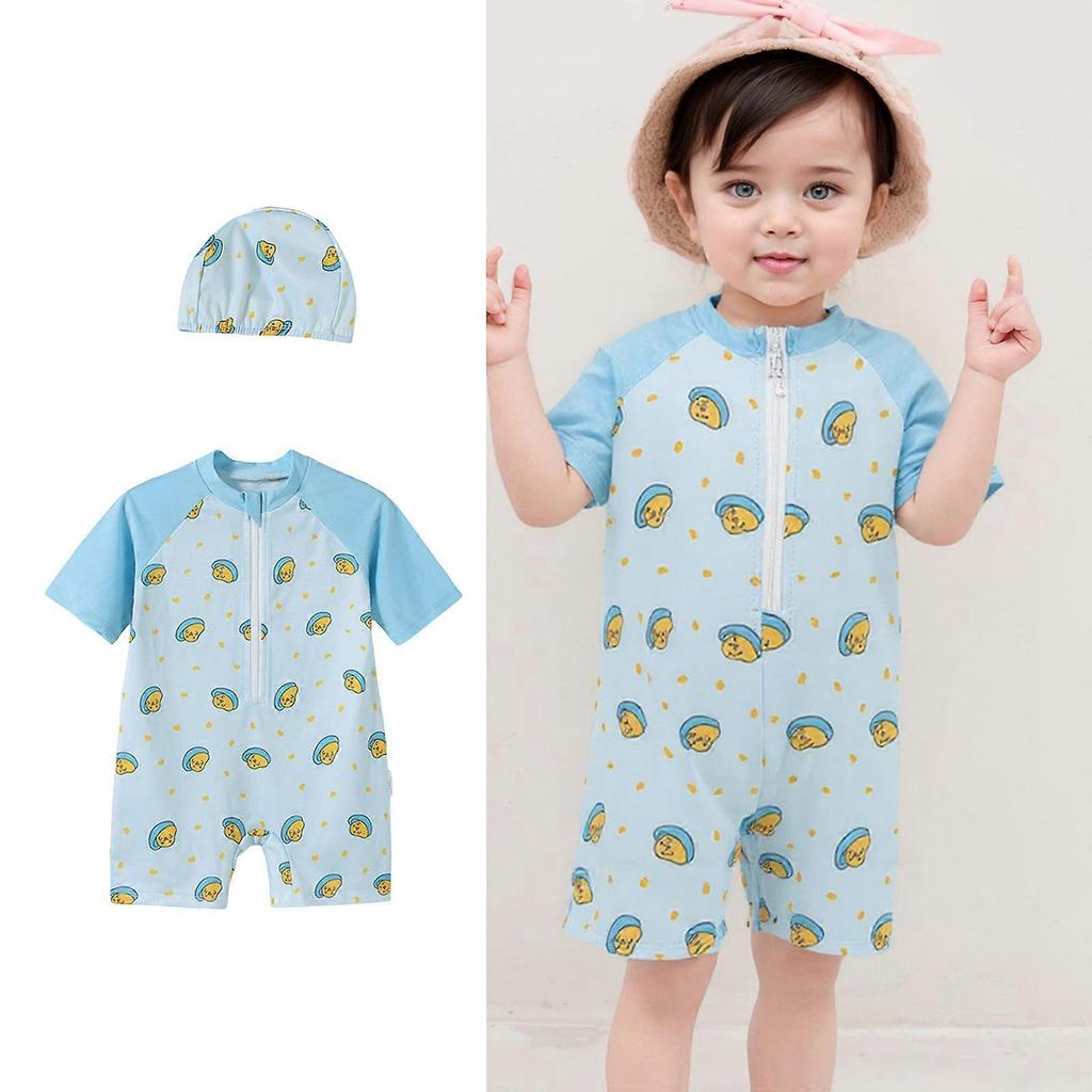 Breathable Baby Swimwear Set with Swim Hat Fast Drying Short Sleeve Zipper Bathing Suit Sun Blocking Design  Blue 100-120
