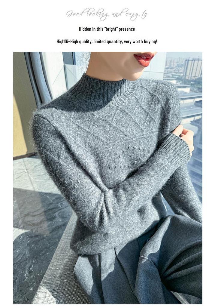 2024 Autumn/Winter Women's Wool Sweater: Thickened, Half-High Collar, Cable Knit, Loose Fit