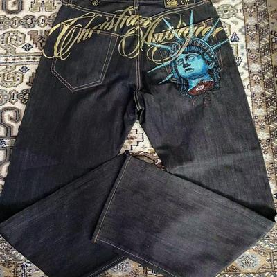 Vintage Freiheitsstatue Diamanten Jeans Lässige Denim-Hose Hohe Taille Gerade Weiter Bein Jeans Harajuku Y2k 2000er Damenbekleidung