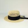 Breathable Mesh Straw Boater Hat for Women, Flat Top Wide Brim Sun Hat with Adjustable Black Ribbon & A