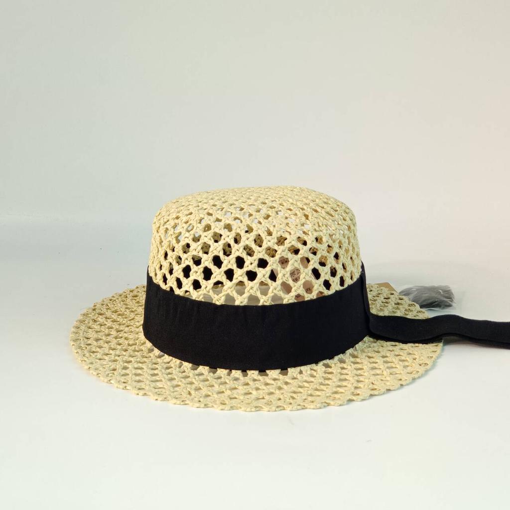 Breathable Mesh Straw Boater Hat for Women, Flat Top Wide Brim Sun Hat with Adjustable Black Ribbon & A