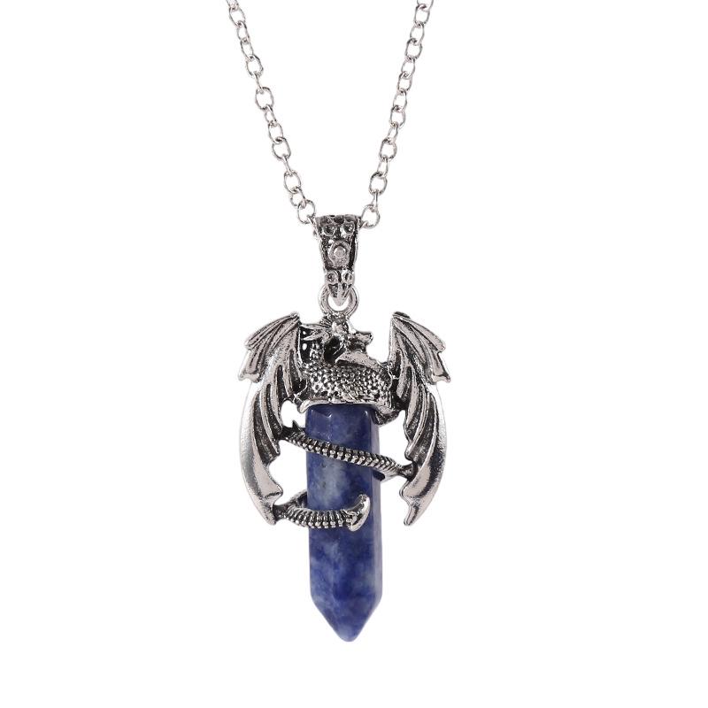 Vintage Flying Dragon Pendant Necklace with Amethyst, Rose Quartz, and Tiger Eye Gems