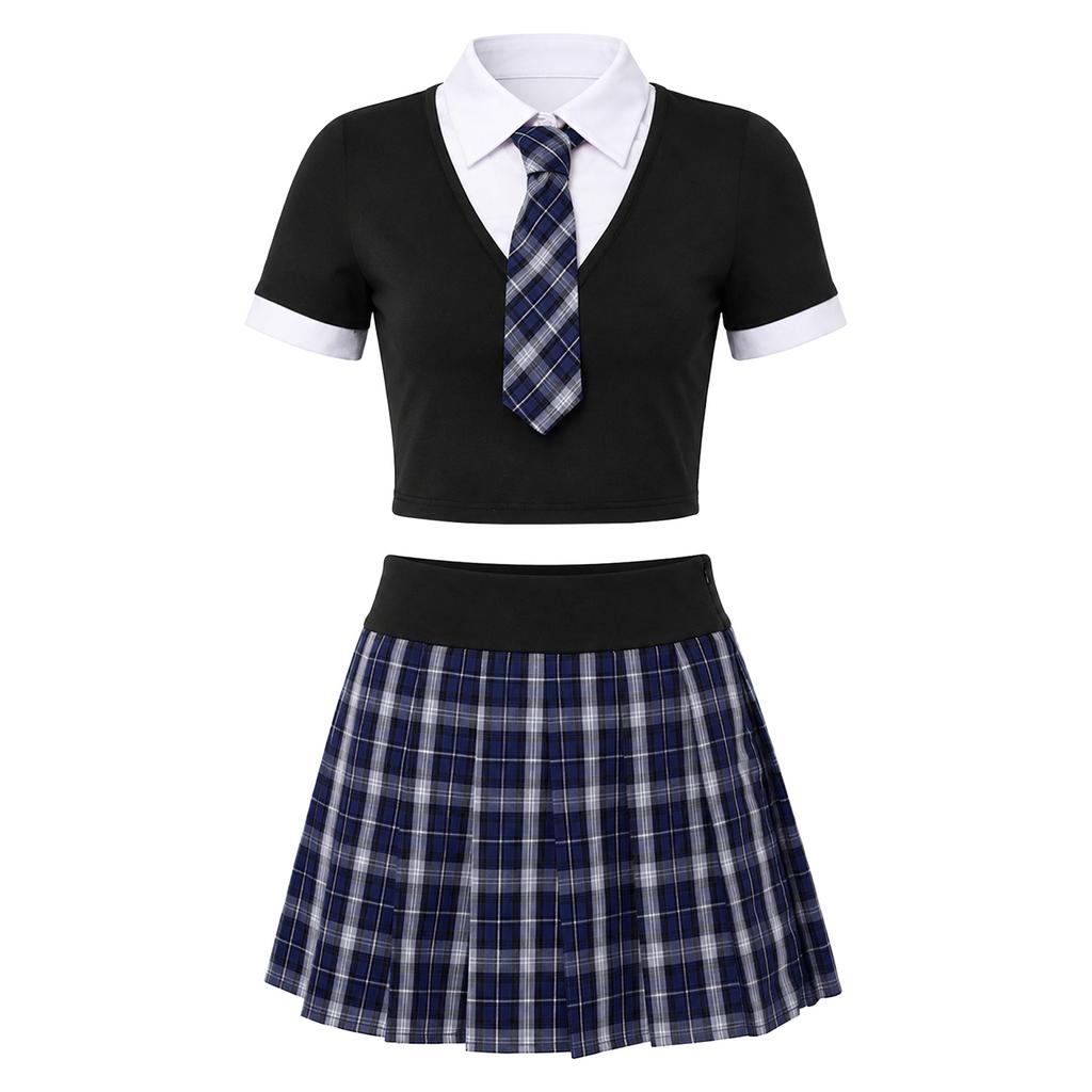 Dámský kostým školkačky Krátký rukáv Barevně blokovaný Crop Top Zavazování Neviditelný zip Kostkovaná sukně