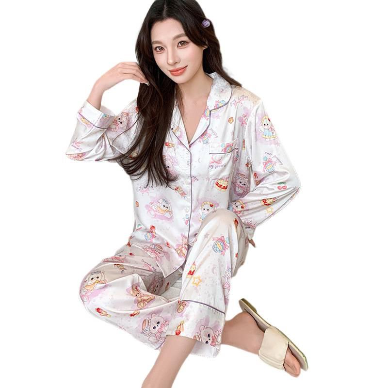 Spring and autumn new printed long-sleeved pajamas women's loungewear suit lapel cardigan cute cartoon pattern high sense