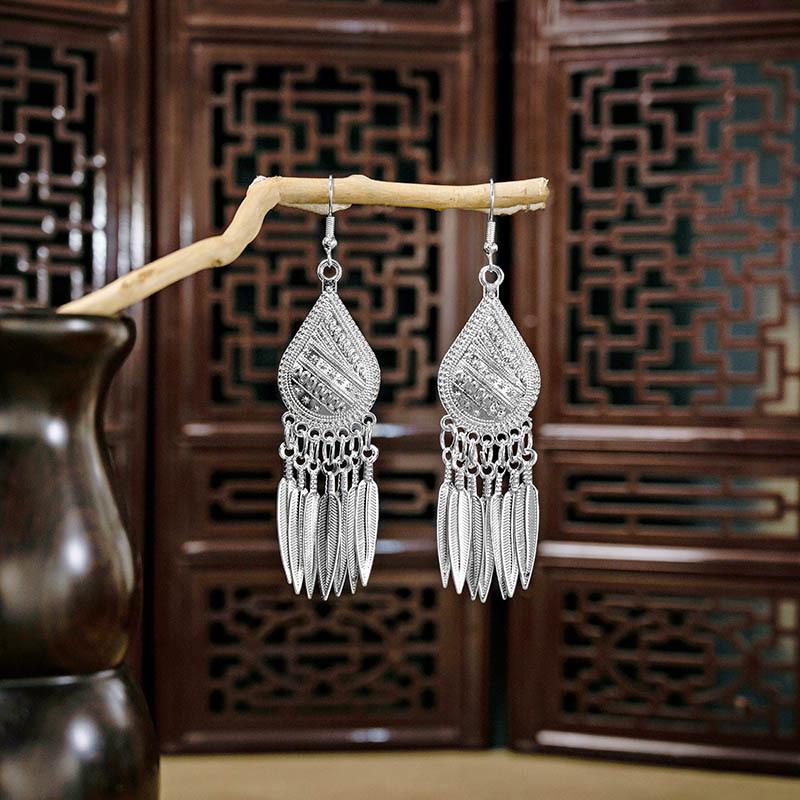 Ethnic Miao Silver Style Long Tassel Earrings with Ancient Scenic Stud Design for Women