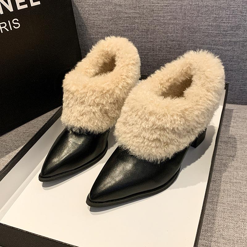Women's Pointed Toe Large Size Thick Sole Winter Warm Fur One Snow Boots Padded Lined Ankle Boots Anti-slip Hiking Casual Sports Cotton Boots