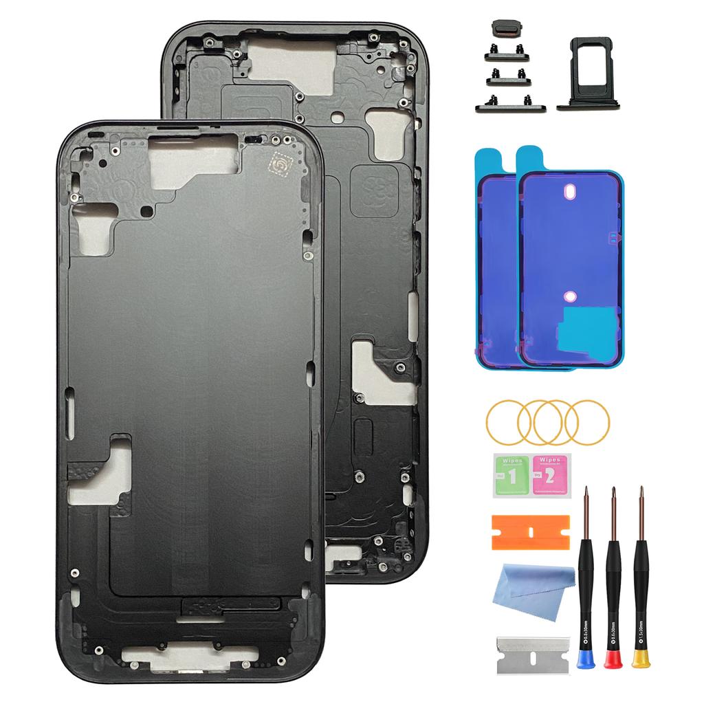 Back Housing for iPhone 15 (6.1-inch) with Glass Rear Cover, Middle Frame, SIM Tray and Repair Tools