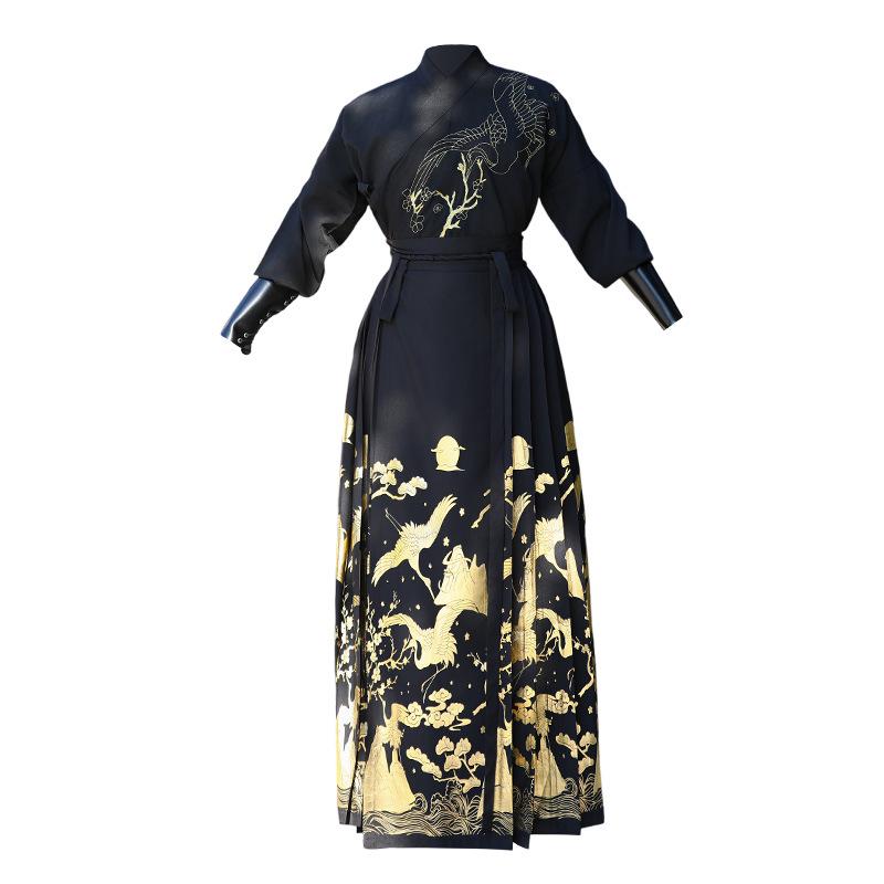 Elegant Black Hanfu: Gold-Stamped Crane Design, Plus Size Couple Set, Traditional Chinese Style Skirt for Women