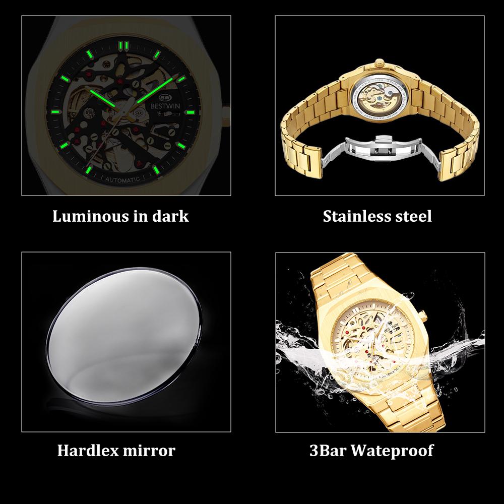Automatic Mechanical Watches for Men Skeleton Hollow Dial Luminous Wrist Watch Steel Strap Square Case Watch Waterproof