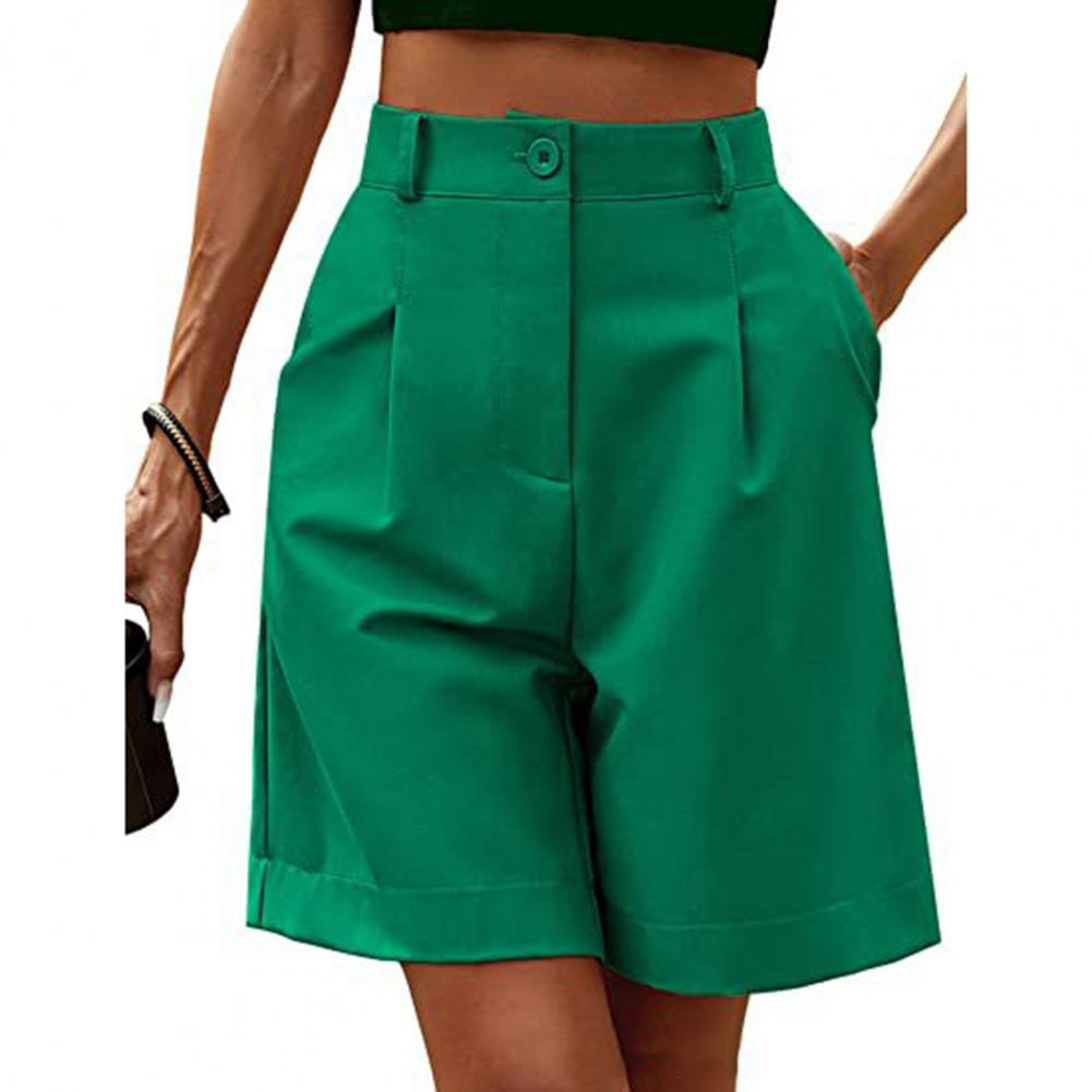 Ladies Summer Wide Leg Short Pants Trousers Women Casual Shorts High Waist Straight Loose Button Pocket Solid Color Office Wear