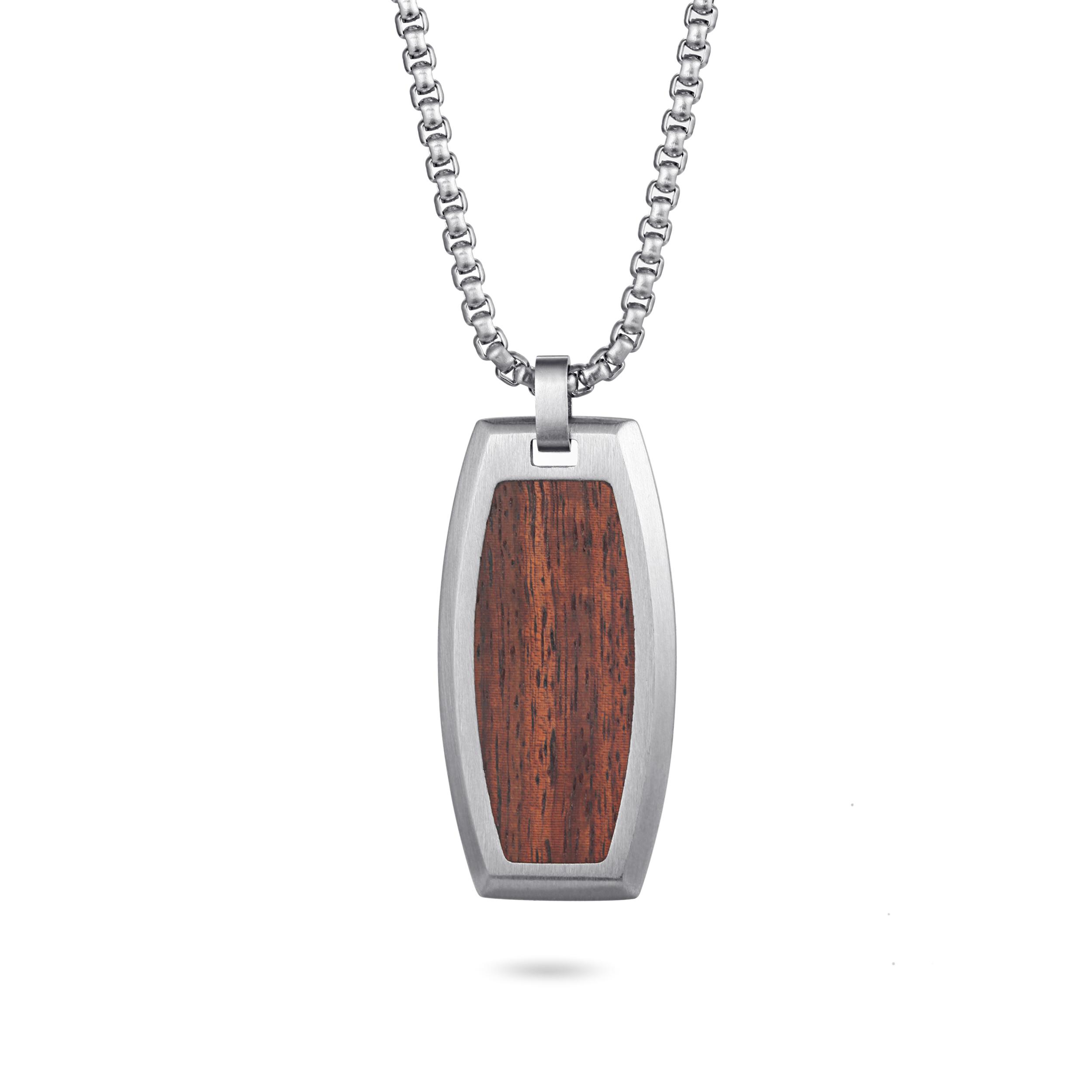 

STAINLESS STEEL NECKLACE Stainless steel wood tag pendant with box chain, matt finish with wood inlay with box chain