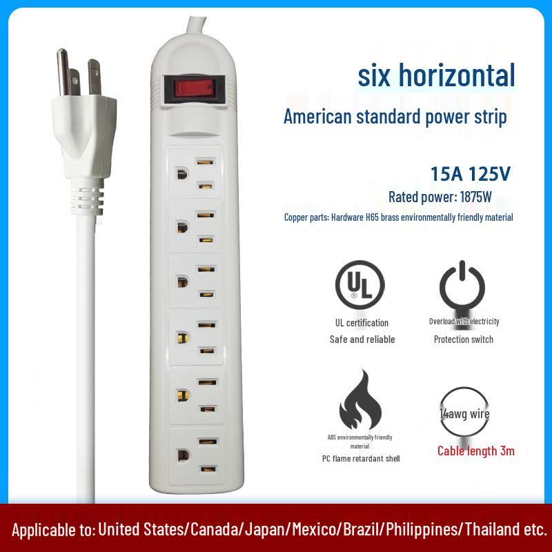 UL Certified 15A 110V Power Strip with US Plug and Overload Protection for Cross-border Use