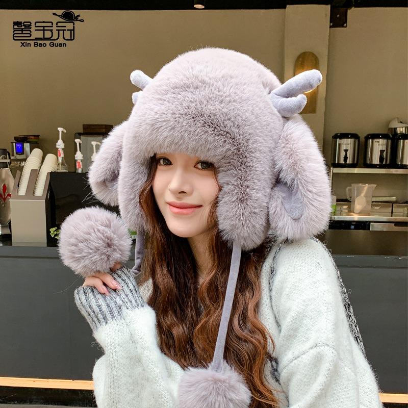 Cute plush hat women's winter outdoor cold protection, warm ear protection, antlers show face, small pullover hat
