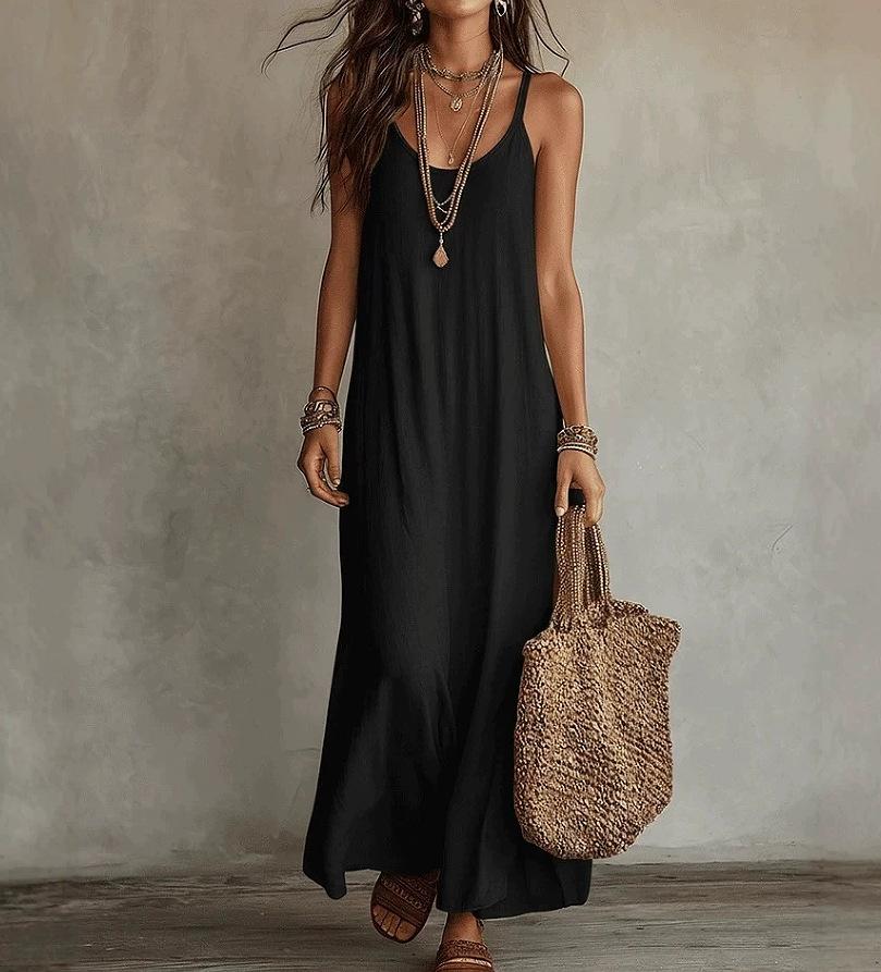 Women Sleeveless Spaghetti Strap V Neck Solid Color Maxi Dress Casual Loose Fit Summer Beach Dress Orange