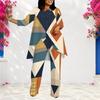 Women Plus Size Geometric Printed Round Neck 3 4 Sleeve Layered Top Long Pants Two Piece Set