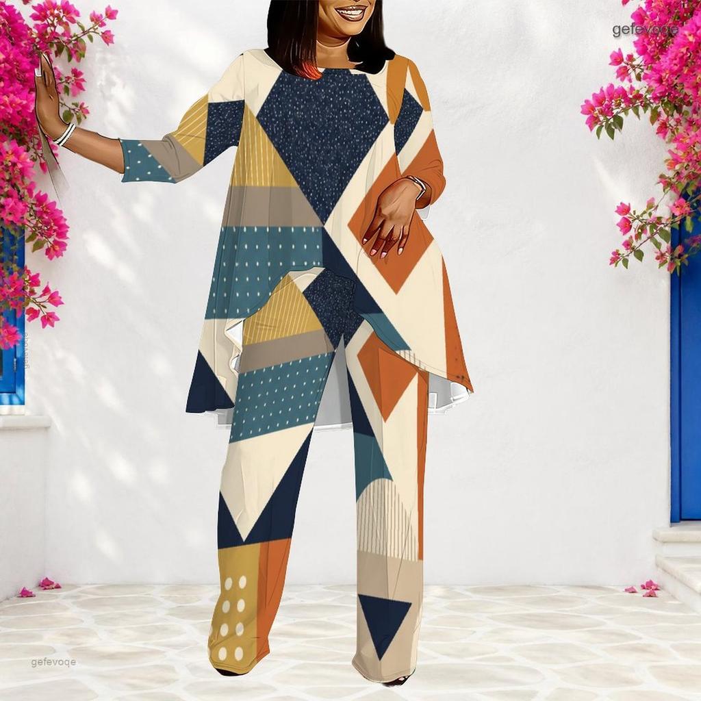 Women Plus Size Geometric Printed Round Neck 3 4 Sleeve Layered Top Long Pants Two Piece Set