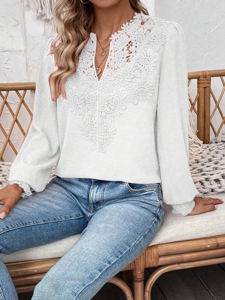 2026 Europe Autumn/Winter V-neck Lace Solid Color Long Sleeve Casual Women's Top