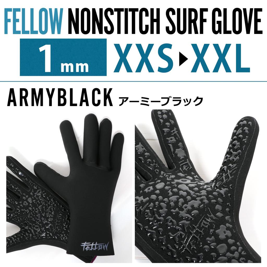 FELLOW Surf Gloves, Non-Stitched, 1mm, Waterproof, Cold Weather, Winter, Neoprene Wetsuit Gloves, Japanese Standard, Army Black, XL Size