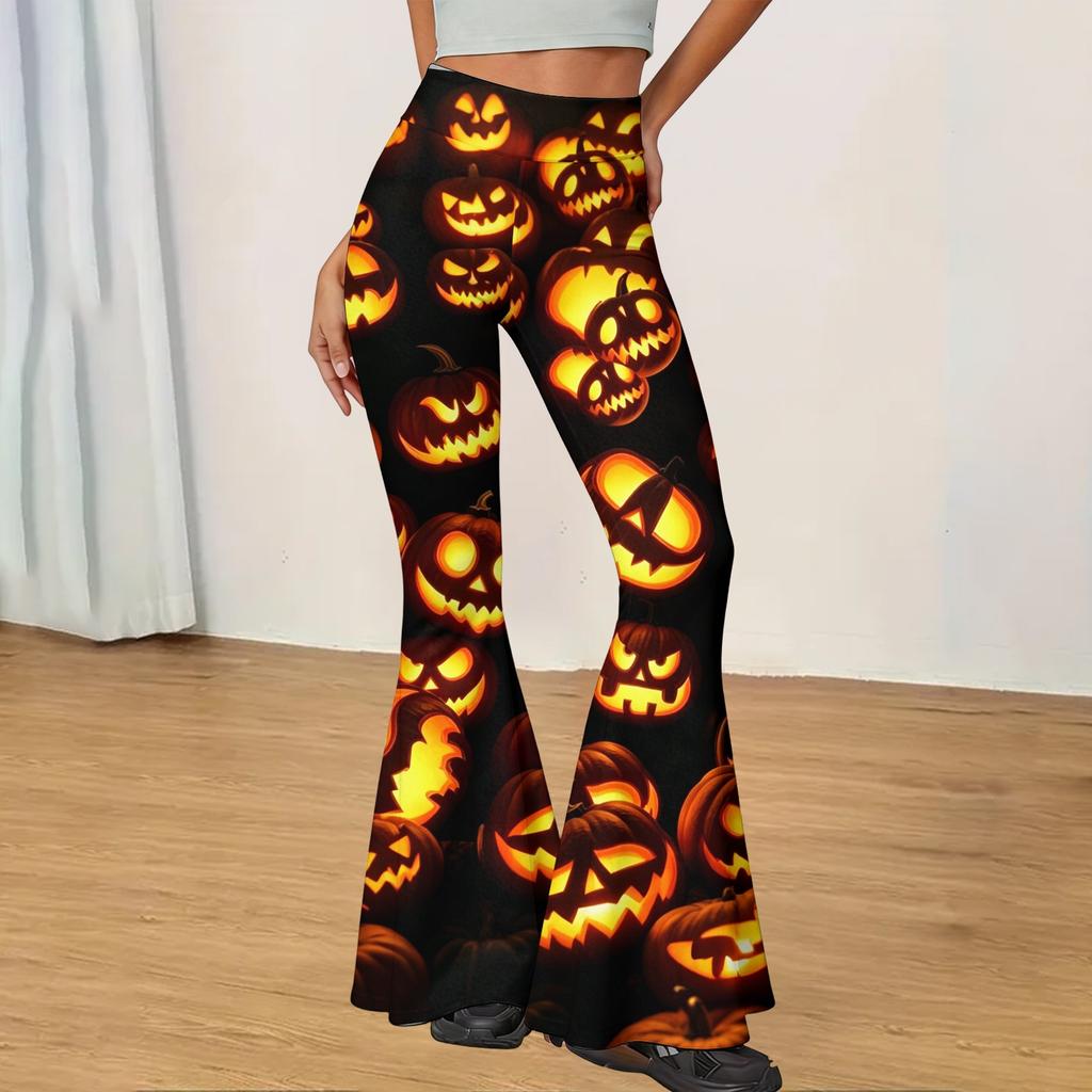 Women's Halloween Print Yoga Pants - Flared Leggings, Casual Stretchy Bell Bottom Pants for Women, for Yoga, Daily Wear and Party
