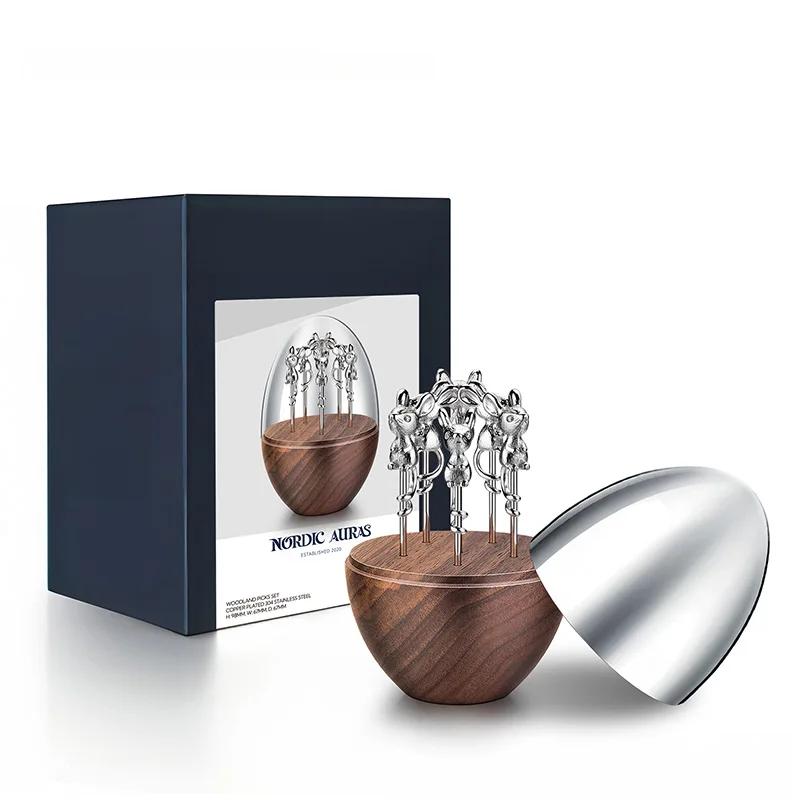 Walnut Toothpick Holder with Stainless Steel Cover, 6Pcs Fruit Picks, Cocktail Picks, Toothpick Box for Home Decor, Party, Bar
