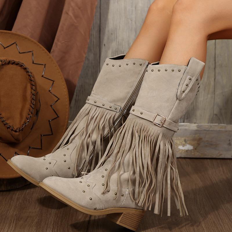 Plus Size Women's Riding Boots with Fringe Retro Style Fall/Winter New Arrival Studded Buckle Mid-Calf Boots