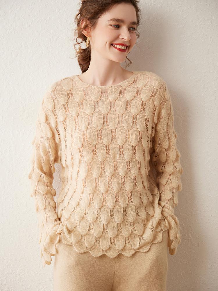 Cashmere Openwork Feather Knit Round Neck Long Sleeve Sweater