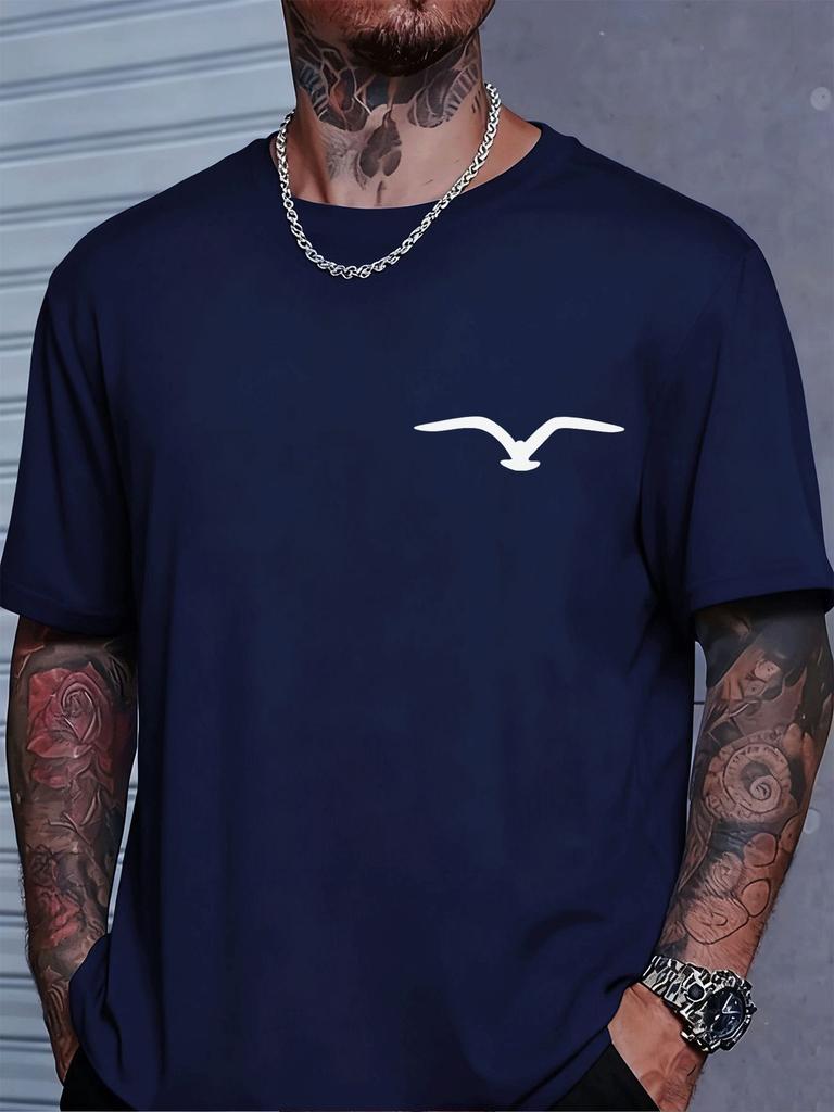 Unisex Crew Neck Tee Minimal Seagull Chest Silhouette Print Short Sleeve Oversized Male Daily Casual Soft Breathable Basic Wear Top