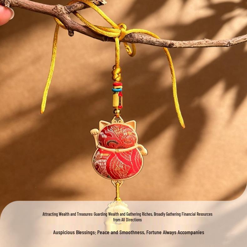 Lucky Cat Car Pendant: New Style Brocade Peace Charm for High-End Car Interiors