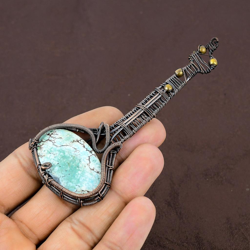 Natürlicher Gitarren-Anhänger mit tibetischem Türkis-Edelstein, Kupferdraht, 10 cm, M5d51