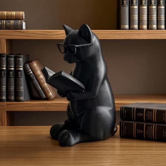 3D Printed Reading Cat Figurine, Cute Reading Book Cat Statue with Glasses, Collectible Animal Sculpture for Bookshelf, Desktop Decor, Gift for Cat