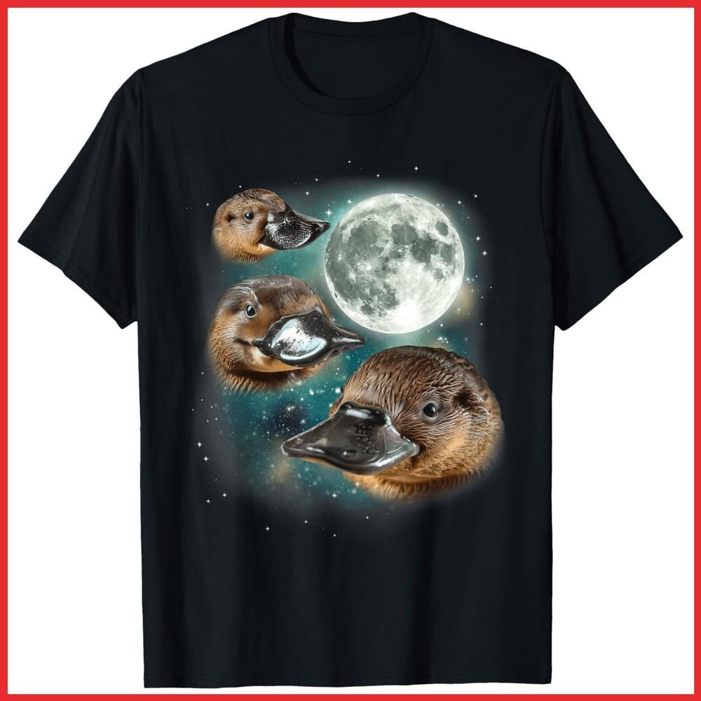 Three Platypus Moon Funny Meme Black Cotton T-Shirt Unisex T-Shirt S